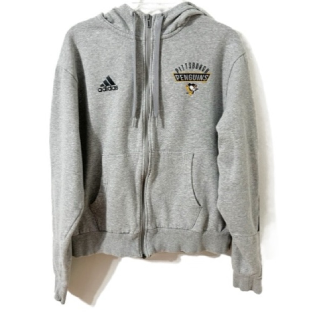 Adidas NHL Pittsburgh Penguins Full Front Zip Hoodie Stripes Down Sleeves Gray🩶